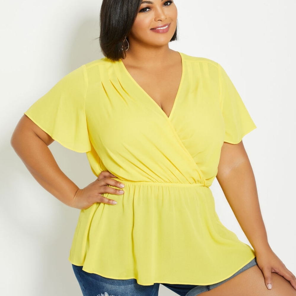 Ashley Stewart Flared Sleeve Mock Wrap Blouse